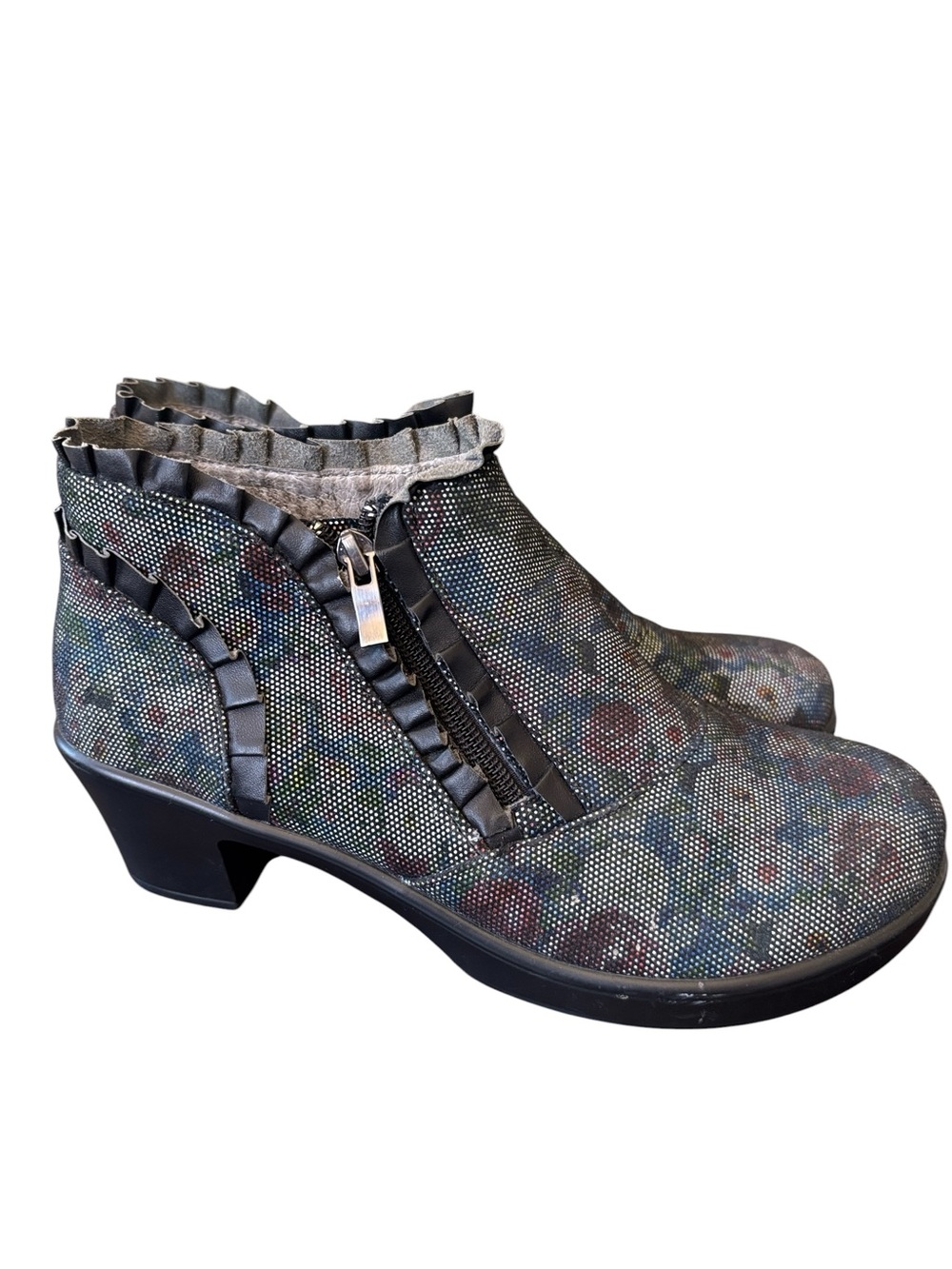 Alegria Hannah Ruffled Floral Tapestry Leather Booties Size‎ 39